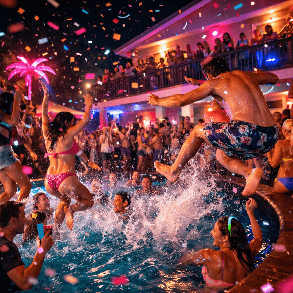 A wild spring break house party at night with neon lights, a crowded pool, people dancing and jumping into water