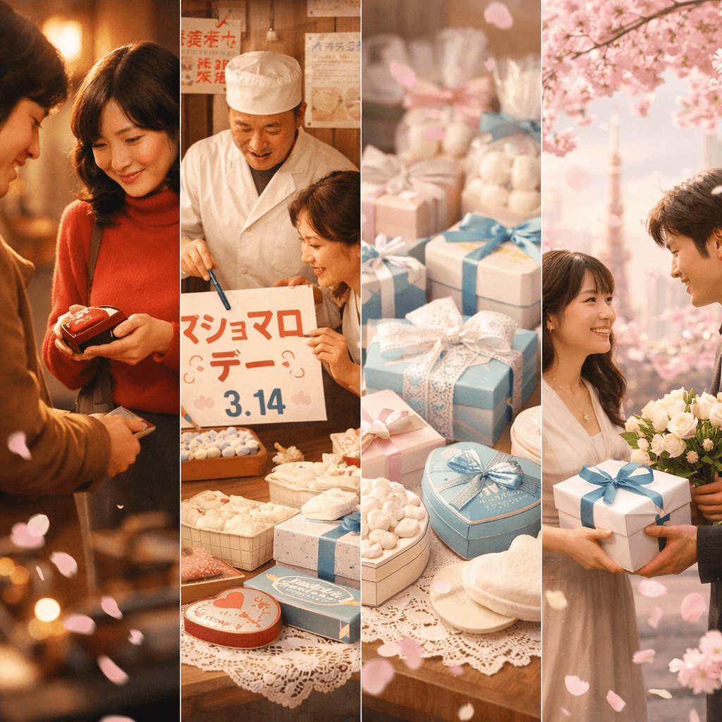 Cinematic historical montage showing the origin of White Day in Japan during the late 1970s