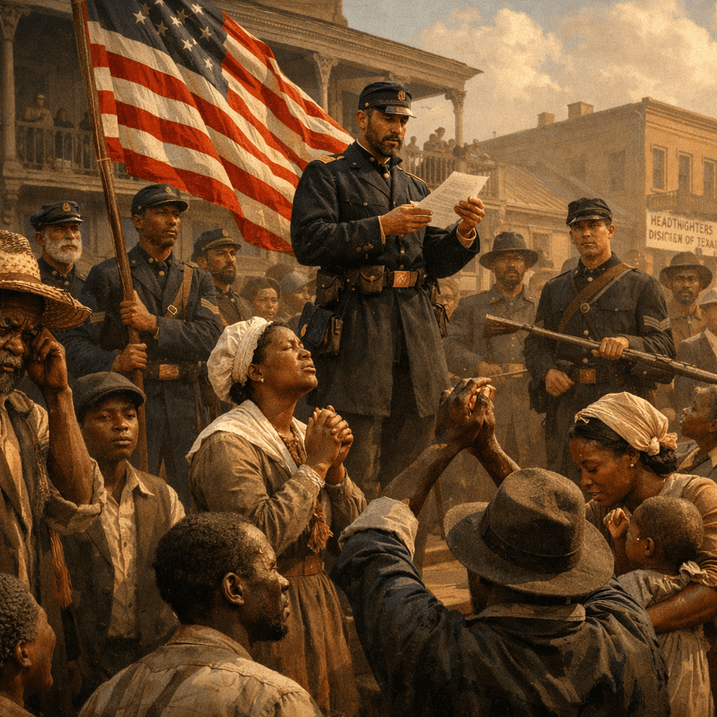 Union General reading an official order to a gathered crowd of formerly enslaved people in Texas, 1865