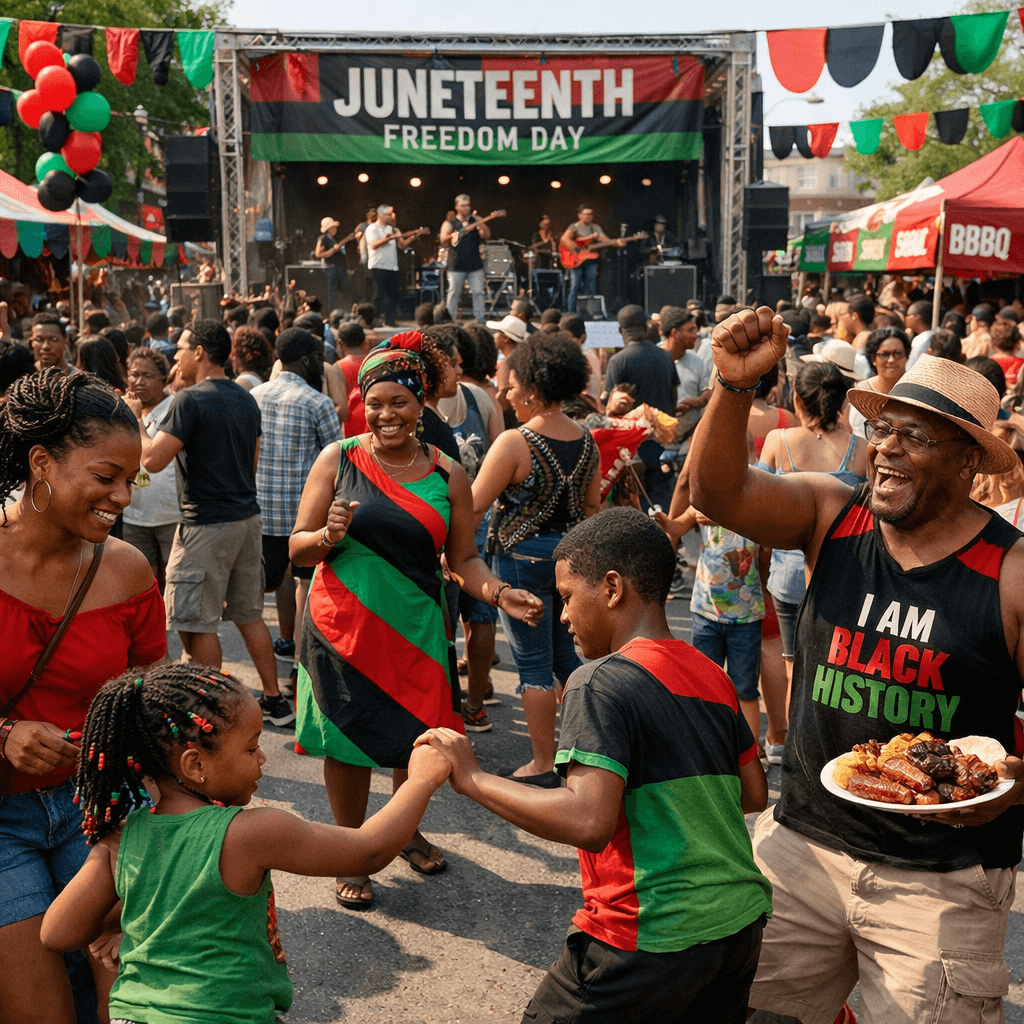 Vibrant Juneteenth street festival with African American families celebrating, red black and green decorations, music stage